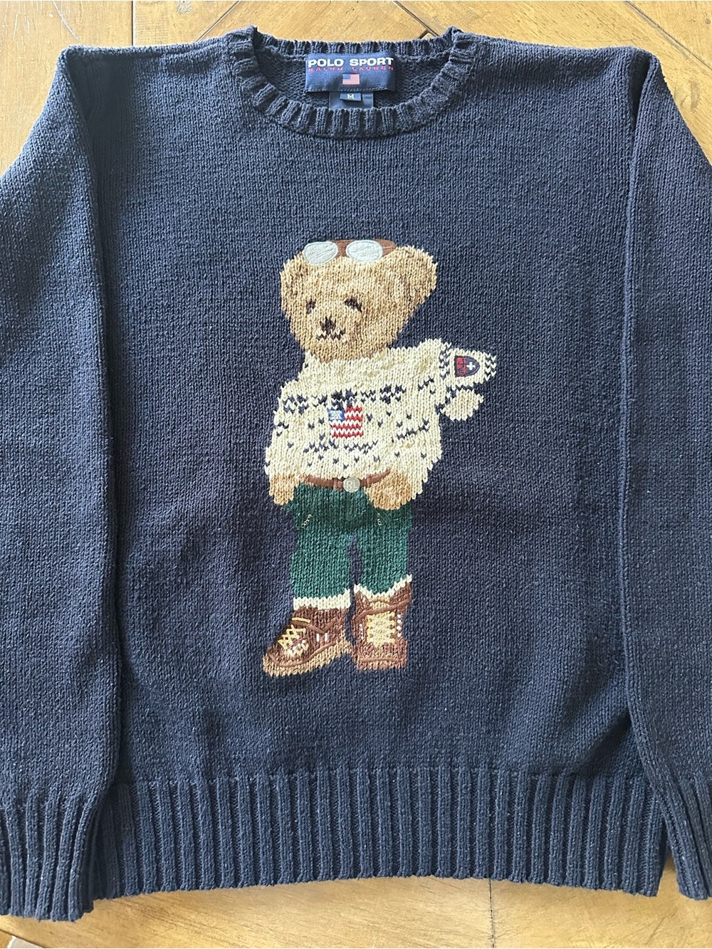 Vintage 90s Ralph Lauren Polo Sport Iconic Bear Ski Cotton Knit Sweater Womens M